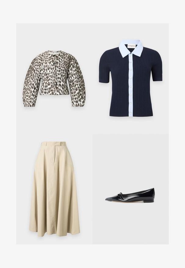 Navy ribbed short-sleeve top with light blue striped collar and button placket featuring white buttons.; Leopard print cropped jacket with large puff sleeves, brown and cream colors, featuring five dark buttons down the front and a round neckline.; Beige A-line midi skirt with a high waist, concealed front closure, and subtle stitching details, displayed on a plain background.; Black patent leather flat shoe featuring a pointed toe, small decorative strap, and low block heel. Smooth texture and sleek design.