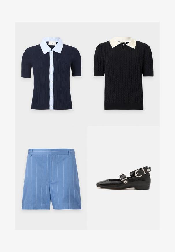 Haut côtelé bleu marine à manches courtes avec col rayé bleu clair et patte de boutonnage ornée de boutons blancs.; Haut noir en maille à manches courtes avec motif torsadé, doté d'un col pointu blanc orné de perles et d'une petite ouverture frontale avec bouton.; Shorts bleu clair avec des rayures verticales blanches, présentant une texture lisse, un devant plat et une taille standard avec des passants de ceinture.; Ballerine en cuir verni noir avec un bout carré, sangle de cheville avec des détails en métal argenté et semelle plate. Texture lisse avec un design minimaliste.
