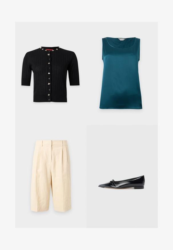 Cardigan noir à manches courtes côtelé avec boutons décoratifs ornés de bijoux et décorations au niveau de l'encolure sur fond uni clair.; Blouse sans manches en satin turquoise avec encolure arrondie et texture de tissu lisse et brillante, posée à plat sur un fond blanc.; Short beige taille haute longueur genou avec passants de ceinture et plis devant, présenté sur un fond clair uni.; Chaussure plate en cuir verni noir avec un bout pointu, une petite lanière décorative et un petit talon carré. Texture lisse et design épuré.