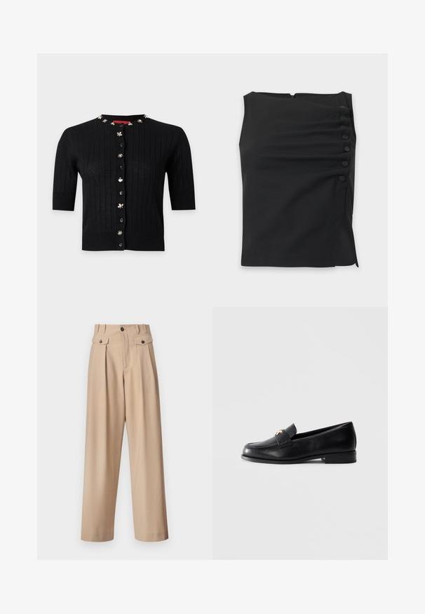 Cardigan noir à manches courtes côtelé avec boutons décoratifs ornés de bijoux et décorations au niveau de l'encolure sur fond uni clair.; Blouse noire sans manches avec un col montant et six boutons recouverts de tissu disposés verticalement sur le côté droit.; Pantalon beige taille haute à jambes larges avec plis devant, poches à rabat latérales avec boutons et passants de ceinture sur fond blanc.; Mocassin en cuir noir avec un petit talon et un emblème décoratif en or sur la sangle, présenté sur un fond gris clair uni.
