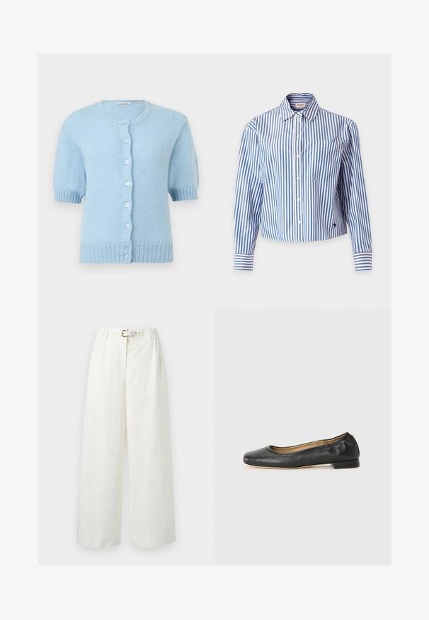 Cardigan en tricot bleu clair à manches courtes, col rond, poignets et ourlet côtelés, avec sept boutons à l'avant.; Chemise à rayures verticales bleues et blanches, manches longues, boutonnée, avec col et poche poitrine, sur fond uni.; Pantalon blanc à jambes larges avec une taille haute, doté d'une ceinture assortie avec une boucle dorée et des passants de ceinture.; Ballerines en cuir noir avec un bout arrondi et des coutures minimales. Talon bas et rectangulaire avec une texture lisse. Détails subtils de doublure intérieure.