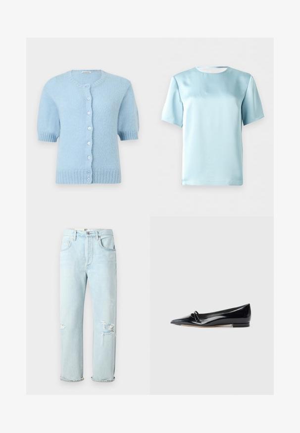 Lichtblauw gebreid vest met korte mouwen, ronde hals, geribbelde boorden en zoom, en zeven knopen aan de voorkant.; Lichtblauwe satijnen blouse met korte mouwen en een ronde halslijn, getoond op een effen witte achtergrond.; Lichtblauwe denim jeans met een relaxte pasvorm, voorzien van verwassen scheuren aan de voorkant, opgerolde manchetten en een klassieke vijf-pocket stijl.; Zwarte gepatenteerde leren platte schoen met een puntige neus, een kleine decoratieve band en een lage blokhak. Gladde textuur en strak ontwerp.