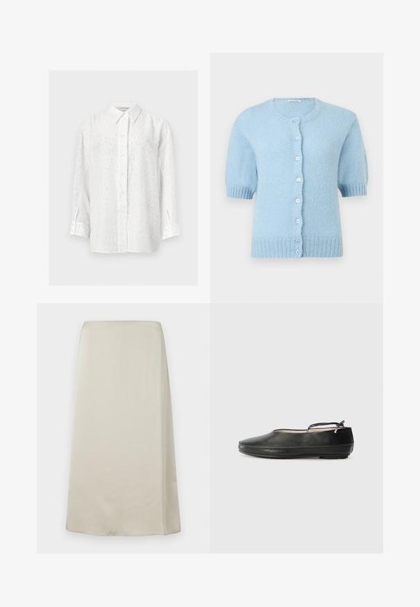 Cardigan en tricot bleu clair à manches courtes, col rond, poignets et ourlet côtelés, avec sept boutons à l'avant.; Chemise blanche à manches longues boutonnée avec un motif subtil de sequins à pois et un col classique sur fond uni.; Une jupe taille haute, longueur genou, de couleur beige neutre, fabriquée dans un tissu lisse et doux, avec un design minimaliste sans ornements visibles.; Ballerines en cuir noir avec un bout arrondi, une sangle à la cheville et une surface lisse. Elles présentent des embellissements minimaux et une semelle en caoutchouc flexible.