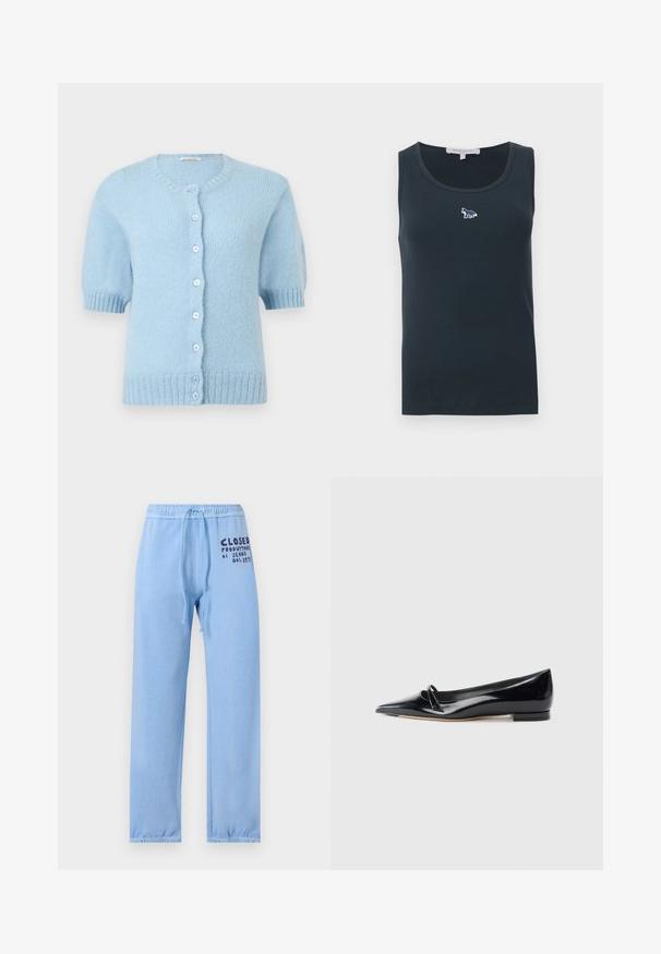 Cardigan en tricot bleu clair à manches courtes, col rond, poignets et ourlet côtelés, avec sept boutons à l'avant.; Débardeur sans manches gris foncé côtelé avec un petit logo brodé en forme de renard centré sur la partie supérieure de la poitrine.; Pantalon de survêtement bleu clair avec poignets et ceinture élastiques, cordon de serrage, et logo texte foncé sur la partie supérieure de la cuisse gauche.; Chaussure plate en cuir verni noir avec un bout pointu, une petite lanière décorative et un petit talon carré. Texture lisse et design épuré.