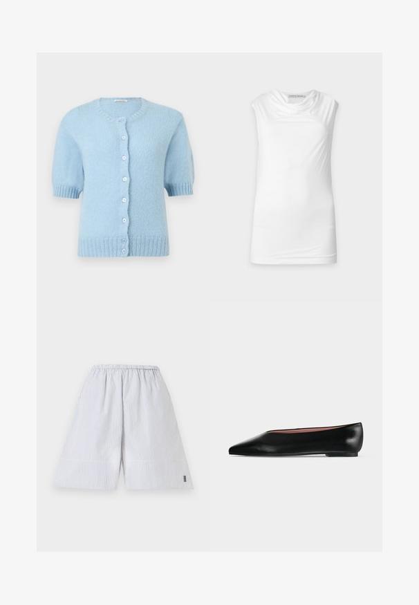 Cardigan en tricot bleu clair à manches courtes, col rond, poignets et ourlet côtelés, avec sept boutons à l'avant.; Haut blanc sans manches avec encolure drapée, en tissu lisse, étiqueté Tiger of Sweden sur fond uni.; Short blanc avec fines rayures verticales grises, taille élastique, et petit logo noir près de l'ourlet sur la jambe droite.; Chaussure plate en cuir noir pour femme, avec bout pointu et petit talon, vue de côté sur un fond gris clair uni.