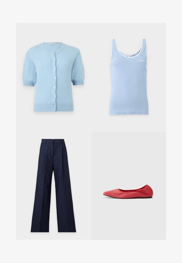 Kortærmet, lyseblå strikket cardigan med rund hals, ribkant ved ærmer og nederst samt syv knapper foran.; Lyseblåt ribstrikket tanktop med hvid kant rundt i halsudskæringen og ærmerne, med et lille "Stine Goya" logo på brystet.; Marineblå viddebukser med høj talje, frontfold og bæltestropper, vist på en ensartet lys baggrund.; Filippa K REY FLATS - Ballerinasko - bright red