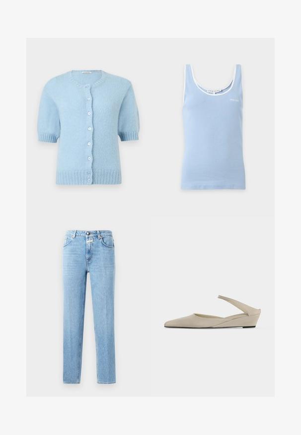 Leichtes, kurzärmeliges Strickcardigan in Hellblau mit Rundhalsausschnitt, gerippten Bündchen und Saum sowie sieben Knöpfen vorne.; Hellblaues geripptes Tanktop mit weißem Besatz am Ausschnitt und an den Ärmeln, mit kleinem "Stine Goya" Logo auf der Brust.; Hellblaue Denim-Jeans mit geradem Schnitt, Fünf-Taschen-Design und Metalldruckknopfverschluss. Strukturierter Stoff mit minimaler Verbleichung.; Beiger Slingback-Schuh mit niedrigem Keilabsatz, spitzer Zehenpartie und glatter matter Oberfläche, in Seitenansicht vor weißem Hintergrund dargestellt.