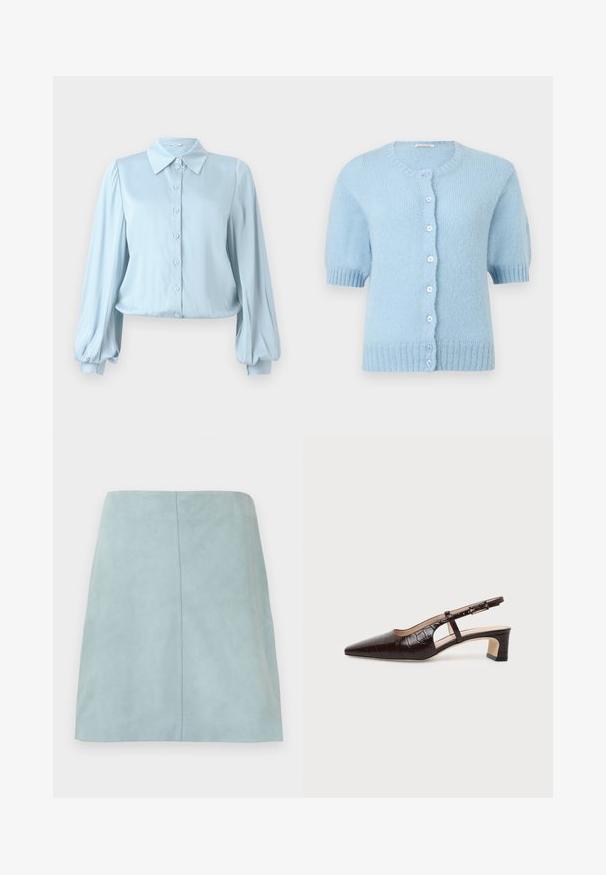 Lichtblauw gebreid vest met korte mouwen, ronde hals, geribbelde boorden en zoom, en zeven knopen aan de voorkant.; Hofmann Copenhagen FLORA - Overhemdblouse - lavender blue; Lichtblauwe suède A-lijn rok met een centrale naad, tot op de knie reikend, en een gladde textuur op een effen achtergrond.; Donkerbruine slingback schoen van krokodillenleer met een puntige neus, lage blokhak en verstelbare gouden gesp.