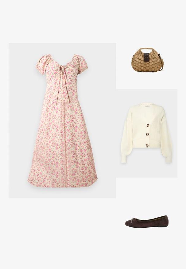 Cárdigan de punto crema con escote en V profundo, cuatro grandes botones redondos de mármol y mangas abullonadas. Longitud corta con puños y dobladillo acanalados.; Vestido midi crema con mangas abullonadas, estampado floral rosa, busto fruncido y detalle de lazo en el centro delantero.; Bailarina de ante marrón con puntera redondeada, detalle de lazo de satén y ribete elástico. Suela de goma delgada con altura mínima. Textura suave.; Bolso de paja trenzada con forma redondeada, asa integrada corta, cierre de cuero oscuro y correa de hombro trenzada desmontable.