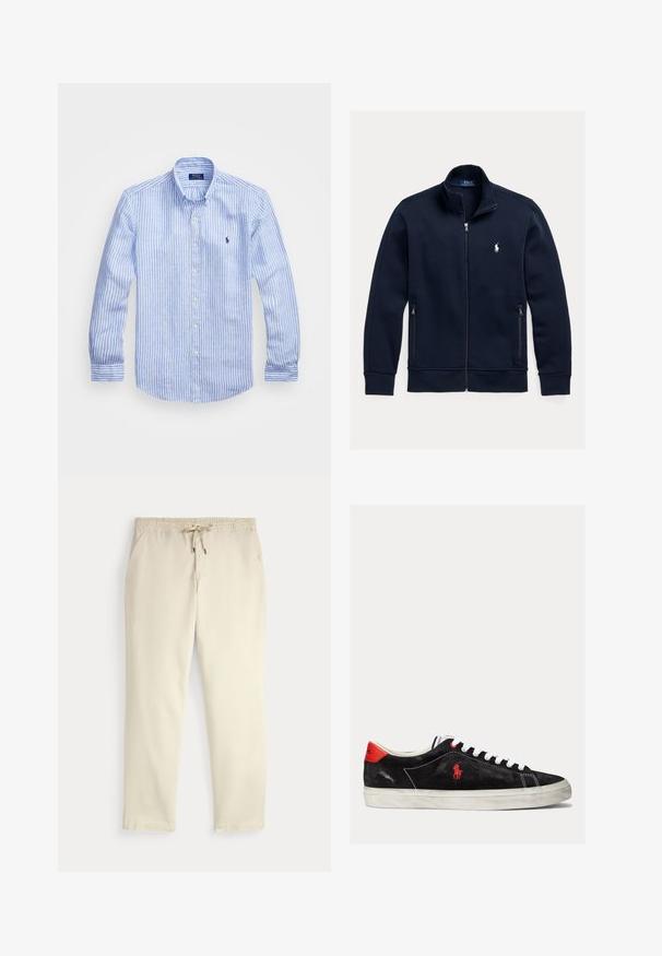 Marineblå lynlåstrøje med ståkrave, lynlåslommer i siden og lille hvid Polo Ralph Lauren hest logo på venstre bryst.; Blå og hvid stribet langærmet skjorte lavet af bomuld, med knap-ned krave, frontknapper og et lille broderet logo på brystet.; Off-white afslappede bukser med elastisk talje og snor, lige ben og sidelommer mod en ensfarvet baggrund.; Sorte ruskind sneakers med hvide snørebånd, røde accenter på hælen og et lille rødt logo. Har en flad gummisål og enkel syning.