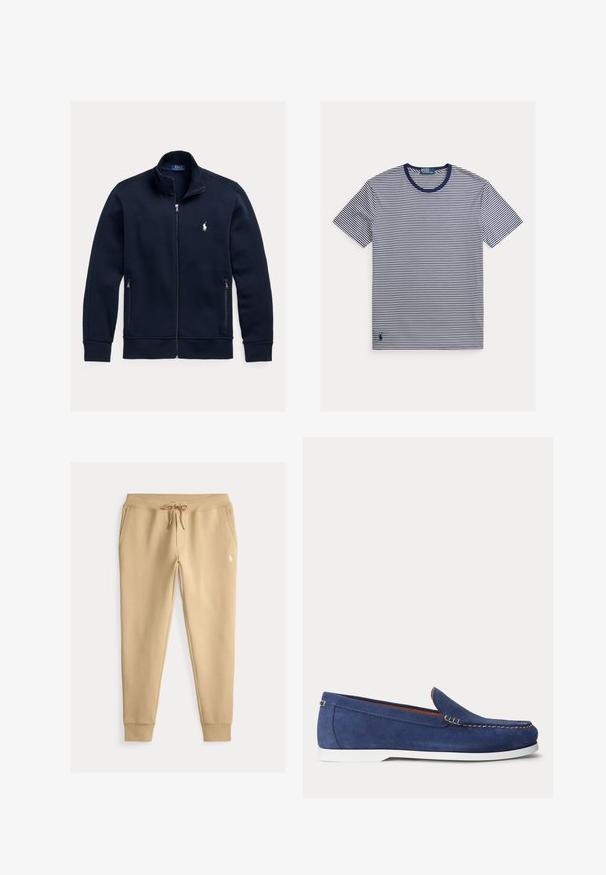 Námornícka bunda na zips s stojatým golierom, bočné vrecká na zips a malé biele logo koňa Polo Ralph Lauren na ľavej hrudi.; Tričko s námorníckymi a bielymi pruhmi, okrúhly výstrih, krátke rukávy, bavlnený materiál, so malým logom na ľavej dolnej strane.; Béžové úzke tepláky so sťahovaním v páse, bočnými vreckami, rebrovanými manžetami a malým bielym vyšívaným logom na ľavom stehne.; Modrý semišový mokasín s bielou podrážkou a béžovým prešitím pozdĺž horného okraja zobrazený na bielom pozadí.