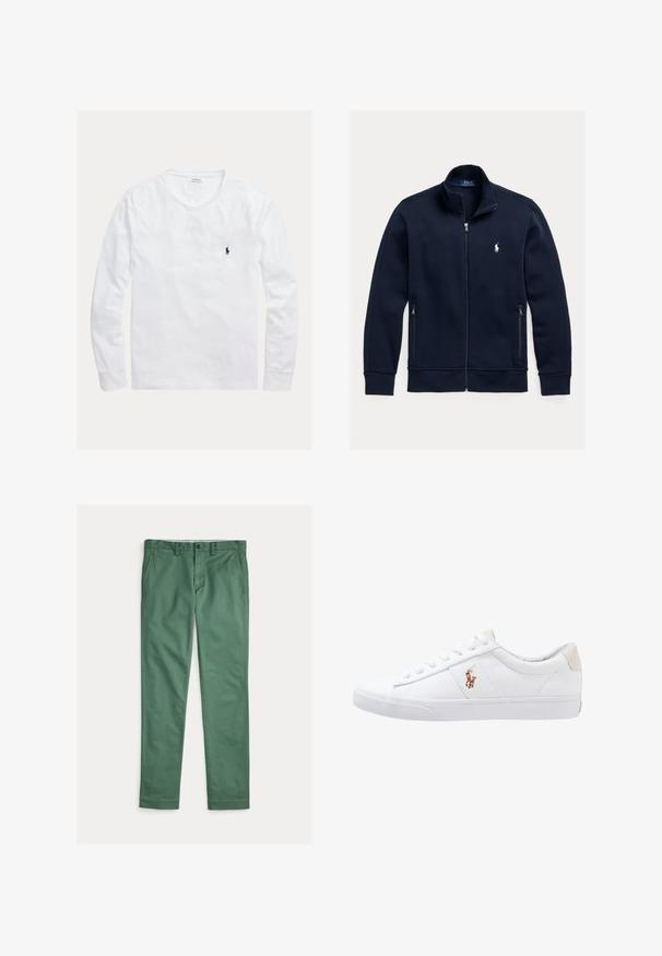 Marineblaue Jacke mit Reißverschluss, Stehkragen, seitlichen Reißverschlusstaschen und kleinem weißem Polo Ralph Lauren Pferdelogo auf der linken Brust.; Weißes Langarmshirt mit Rundhalsausschnitt und kleinem dunkelblauem Polo Ralph Lauren-Logo, das auf der linken Brust gestickt ist.; Grüne Herrenstoffhose mit geradem Bein, vorderen Taschen, Gürtelschlaufen und Knopfverschluss, flach auf weißem Hintergrund präsentiert.; Weiße Leinensneaker im Low-Top-Design mit einem beigen Ferseneinsatz und einem kleinen gestickten Logo an der Seite. Gummisohle.