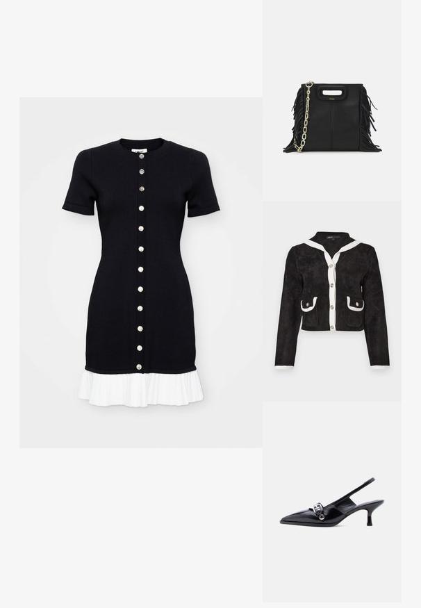 Zwarte cropped jas van zachte stof met een witte marinierstreep, zilveren knopen en twee voorzakken met witte bies.; Zwarte gebreide jurk met korte mouwen, ronde halslijn en witte geplooide zoom. Voorzien van een sluiting met knopen aan de voorkant met contrasterende knopen.; Zwarte slingback kitten heel schoen van lakleer met puntige neus en zilveren gespsluiting op een effen witte achtergrond.; Zwarte leren handtas met franjes, gouden schouderband van schakels en een uitsnijding in de handgreep. Heeft het logo prominent aan de voorkant.