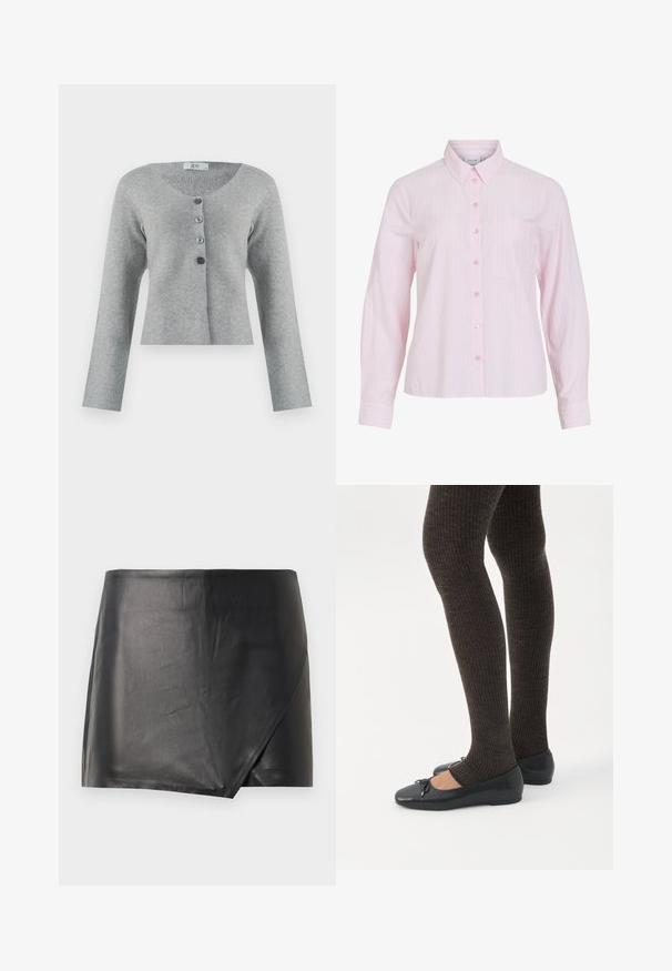 Grijze, korte cardigan van zacht materiaal met een ronde halslijn, voorzien van vijf knopen in verschillende grijstinten en lange mouwen.; Lichtroze shirt met lange mouwen en verticale witte strepen, knoopsluiting aan de voorkant, kraag en een borstzak aan de linkerkant. Soepele katoenen stof.; Zwarte leren minirok met een wikkelontwerp, gladde textuur en een schone afwerking. Bevat geen zichtbare hardware of patronen.; Benen met donkere geribbelde leggings gecombineerd met zwarte ballerina's met kleine strikdetails op een witte achtergrond.