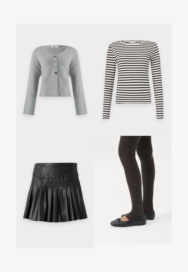 Grå cropped cardigan lavet af blødt materiale med en rund halsudskæring, der har fem knapper i varierende nuancer af grå, og lange ærmer.; Sort og hvid stribet langærmet skjorte med rund halsudskæring og tætsiddende ribbet tekstur. Balanceret stribebredde over det hele.; Sort plisseret mininederdel i kunstlæder med bred linning og knapdetaljer på højre side, vist på en ensfarvet baggrund.; Ben iført mørke ribbede leggings kombineret med sorte balletsko med små sløjfedetaljer på hvid baggrund.