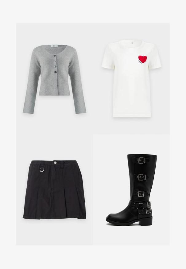 Cárdigan gris corto hecho de material suave con un cuello redondo, que presenta cinco botones en diferentes tonos de gris y mangas largas.; Camiseta blanca de manga corta con un corazón rojo y la palabra "AMOUR" impresa en el área del pecho izquierdo.; Falda negra plisada de algodón, con cierre de botones en la parte delantera, lazos para cinturón y un acento en forma de D en la cinturilla.; Bota negra de cuero hasta media pantorrilla con cuatro hebillas metálicas ajustables y un tacón bajo en bloque sobre fondo blanco.