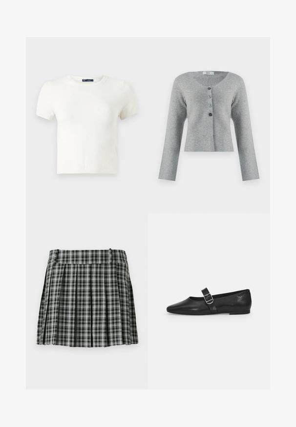 Cárdigan gris corto hecho de material suave con un cuello redondo, que presenta cinco botones en diferentes tonos de gris y mangas largas.; Camiseta blanca de manga corta fabricada con un material suave. Presenta un clásico diseño de cuello redondo y un ajuste slim, sin patrones ni acentos visibles.; Falda plisada de cuadros en blanco y negro con una cintura suave y múltiples pliegues verticales. Fabricada en un tejido ligero.; Zapato plano de cuero negro con punta redondeada, una sola correa ajustable con hebilla y una textura suave y brillante. Diseño minimalista con un tacón bajo.