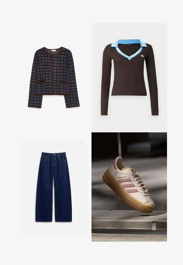Afklippet cardigan med et rutenet design i blå og hvid på en mørk baggrund med brune accenter, knaplukning og to forlommer.; Brun langærmet top med V-udskæring og lyseblå stribet krave. Har en tætsiddende pasform og en lille logo på brystet.; Mørkeblå vidde-jeans med knapper og lynlås foran, fem lommer og synlige sømdetaljer på en ensartet hvid baggrund.; Hvide suedestøvler med rosa detaljer, prydet med tre striber og et guld logo. Teksturert tåhætte og en brun gummisål. Klassisk design.