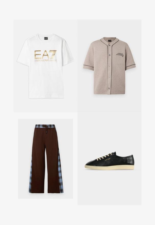 Camisa de manga corta color beige claro en tela suave, con ribete negro contrastante y logo bordado en el pecho izquierdo.; Camiseta de algodón blanca con un gran logo metálico dorado "EA7" y el texto "EMPORIO ARMANI" debajo, con mangas cortas y cuello redondo.; Pantalones marrones de pierna ancha con rayas laterales a cuadros en azul y negro y cintura con cordón.; Zapatilla negra de piel, de perfil bajo, con suela y cordones color crema, logo dorado "Paul Smith" en el lateral y símbolo en relieve cerca del talón.