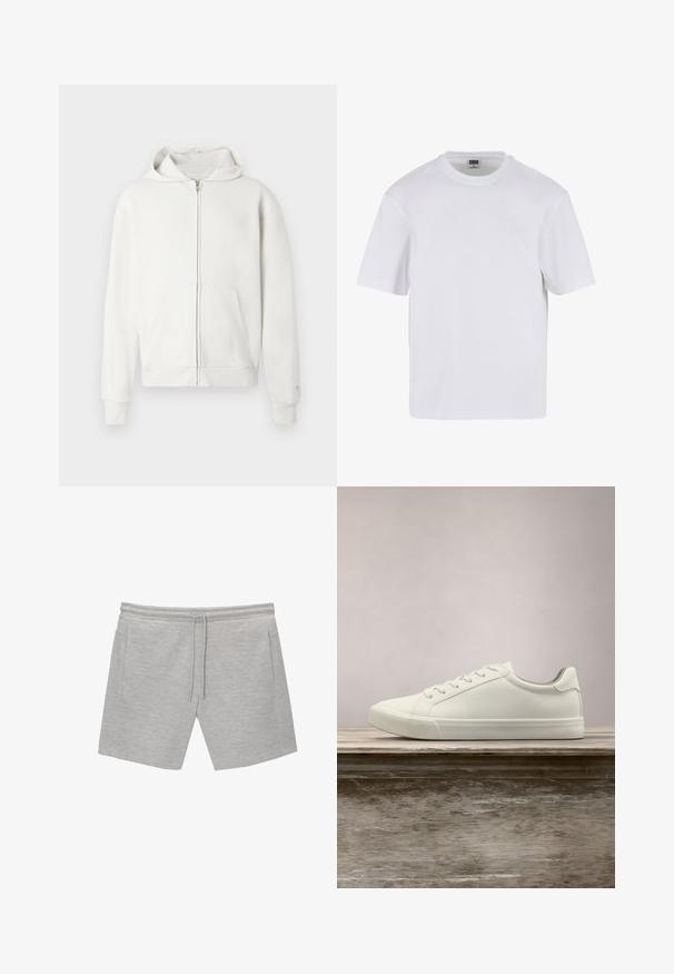 Haut à fermeture éclair blanc en tissu doux, doté d'une capuche avec cordons, de poches avant et de poignets et d'un ourlet côtelés pour plus de détails.; T-shirt blanc à manches courtes en coton. Il présente un col rond et une coupe décontractée. Texture lisse, design minimaliste, sans motifs ni accents.; Shorts en coton gris au toucher doux, taille élastique, fermeture à cordon de serrage et deux poches latérales. Design simple sans motifs visibles.; Sneaker en dentelle blanche flottant au-dessus d'un banc en bois avec un feuillage vert en arrière-plan, mettant en valeur le design et la texture de la chaussure.