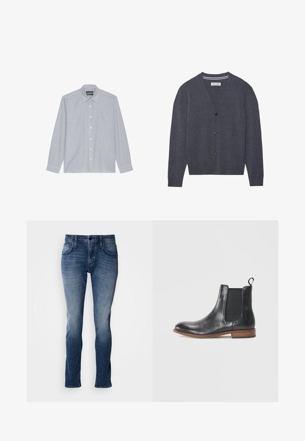 Kullerser grå cardigan lavet af tekstureret stof, med V-hals, seks knapper og en kontrasterende stribet inderskål.; Blå- og hvidstribet button-up skjorte med spread collar, lange ærmer og plastknapper. Blødt stof med vertikal mønsterdetalje.; Blå denim jeans med en falmet finish, fem-lomme design, lige ben skæring og topstikningsdetaljer. Simpel knap- og lynlås lukning.; Sorte læder Chelsea støvler med rund tå, elastiske sideskydere og en trækflap. Har en brun gummisål og glat finish.