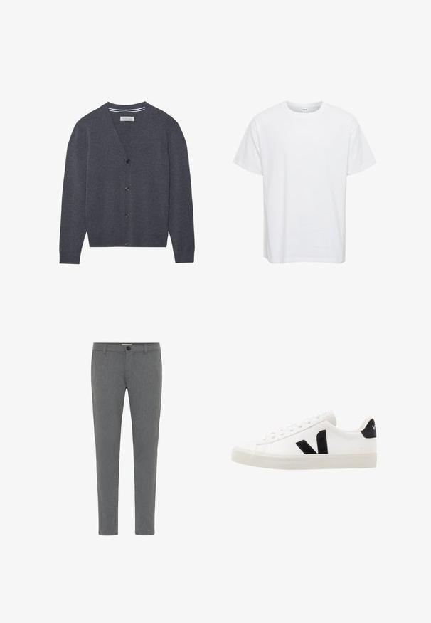 Kullerser grå cardigan lavet af tekstureret stof, med V-hals, seks knapper og en kontrasterende stribet inderskål.; Hvid bomulds t-shirt med korte ærmer, rund halsudskæring og en afslappet pasform. Glat tekstur, ingen mønstre eller detaljer. Simpelt design.; Grå skræddersyede bukser lavet af struktureret stof, med en standard talje med bæltestropper, lynlåsfront og enkelt knappelukning.; Hvide lædersneakers med sorte ruskindsdetaljer; har en gummisål, rund tå og klassisk snørebåndsdesign. Side logo i sort.