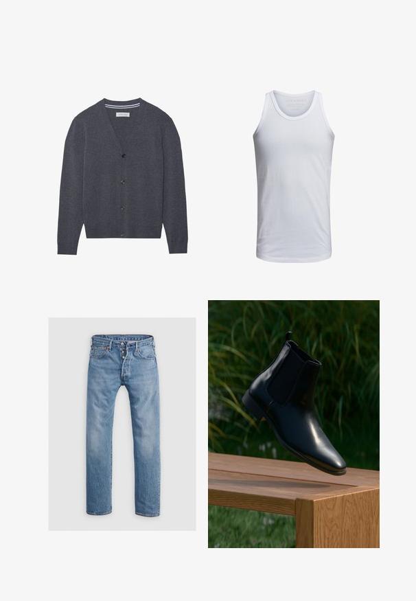 Kullerser grå cardigan lavet af tekstureret stof, med V-hals, seks knapper og en kontrasterende stribet inderskål.; Hvid bomulds tank top med rund halsudskæring, brede skulderstropper og minimal branding trykt indeni kraven. Blød tekstur, afslappet pasform.; Lysblå denim jeans med en lige ben-design, fem lommer og en knaplukning. Har diskrete falmede områder og syninger som accent.; Sort læder Chelsea-støvle svævende over en træbænk med græs og planter i baggrunden.