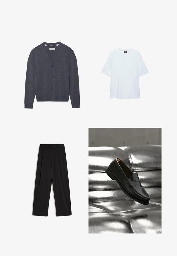 Cardigan gris charbon en tissu texturé, présentant un col en V, six boutons et un col intérieur rayé contrastant.; T-shirt blanc uni oversize à manches courtes avec col rond et étiquette noire à l'intérieur du col sur fond blanc.; Pantalon noir taille haute à jambes larges avec une ceinture élastique et sans poches visibles ni ornements.; Mocassin en cuir noir flottant au-dessus d'un canapé en cuir argenté brillant matelassé à boutons dans un décor minimaliste.