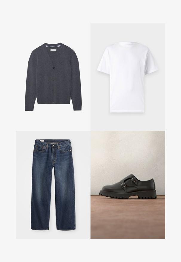 Cárdigan de color gris carbón hecho de tejido texturizado, con un escote en V, seis botones y un cuello interior a rayas en contraste.; Camiseta blanca de manga corta hecha de algodón con cuello redondo, que presenta una textura suave y un diseño simple sin patrones ni acentos.; Jeans de mezclilla azul oscuro con corte recto, diseño de cinco bolsillos, cierre de botón metálico y cremallera, y patrones sutiles de desgaste.; Zapato negro de cuero con correas de doble hebilla, punta redonda y suela gruesa de goma texturizada. Diseño minimalista con interior azul en contraste.