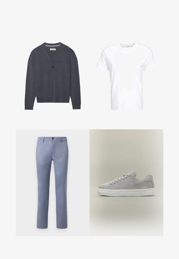 Kullerser grå cardigan lavet af tekstureret stof, med V-hals, seks knapper og en kontrasterende stribet inderskål.; Hvid bomulds t-shirt med rund halsudskæring og korte ærmer, i en klassisk pasform og glat tekstur. Ingen mønstre eller hardware synlige.; Lyseblå bomulds-chinos i slim fit med knaplukning, bælteløkker og sidelommer, glat tekstur og lige ben.; Lysegrå ruskindssneaker med hvid gummisål og grå snørebånd, vist i profil på neutral baggrund.
