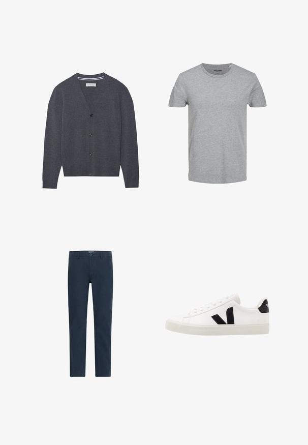 Cárdigan de color gris carbón hecho de tejido texturizado, con un escote en V, seis botones y un cuello interior a rayas en contraste.; Camiseta gris de manga corta hecha de suave algodón. Presenta un cuello redondo clásico y un corte regular. Diseño sencillo sin patrones ni acentos.; Chinos de color azul marino fabricados en una mezcla de algodón, con cierre de botón, piernas rectas y una textura suave sin estampados ni acentos.; Zapatilla de cuero blanca con acentos de ante negro; presenta una suela de goma, puntera redonda y un diseño clásico de cordones. Logo lateral en negro.