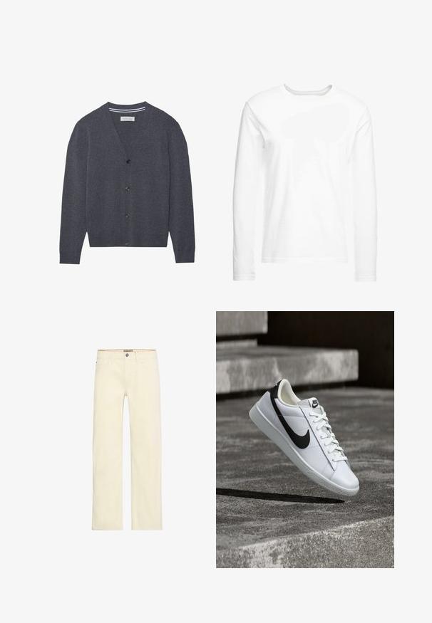 Cardigan gris charbon en tissu texturé, présentant un col en V, six boutons et un col intérieur rayé contrastant.; T-shirt blanc à manches longues en coton doux. Encolure ronde avec des ourlets droits et sans motifs ni graphiques visibles.; Jean en denim couleur crème avec une coupe droite, doté de cinq poches, d'une fermeture à boutons sur le devant et de détails de couture discrets.; Baskets Nike en cuir blanc avec le logo noir, lacets noués, flottant au-dessus de marches en béton gris texturé.
