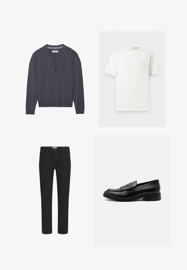 Cárdigan de color gris carbón hecho de tejido texturizado, con un escote en V, seis botones y un cuello interior a rayas en contraste.; Camiseta blanca lisa de manga corta y cuello redondo mostrada sobre un fondo gris claro.; Vaqueros de mezclilla negra con corte recto, diseño de cinco bolsillos y cierre frontal de botón. Textura suave con sutiles detalles de costura.; Mocasín negro de cuero para hombre con detalle de borlas, punta redondeada, tacón bajo y acabado liso y pulido, mostrado de lado sobre un fondo blanco.