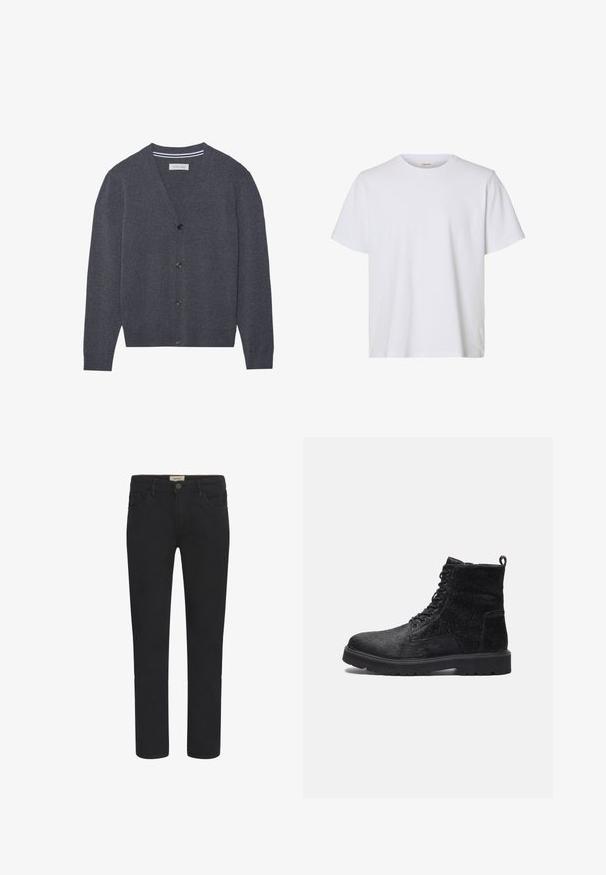 Charcoal grijze cardi gemaakt van textuurstof, met een V-hals, zes knopen en een contrasterende gestreepte binnenkraag.; Effen wit T-shirt met korte mouwen en ronde hals, met een regular fit en een gladde stoftextuur, weergegeven op een witte achtergrond.; Zwarte denim jeans met rechte snit, vijf-pocket ontwerp en een knoopsluiting aan de voorkant. Glad textuur met subtiele stikseldetails.; Zwarte enkelboots met een gestructureerde bovenkant, voorzien van vetersluiting aan de voorkant, een stevige rubberen zool en een trekhaak aan de achterkant voor gemakkelijk aantrekken.