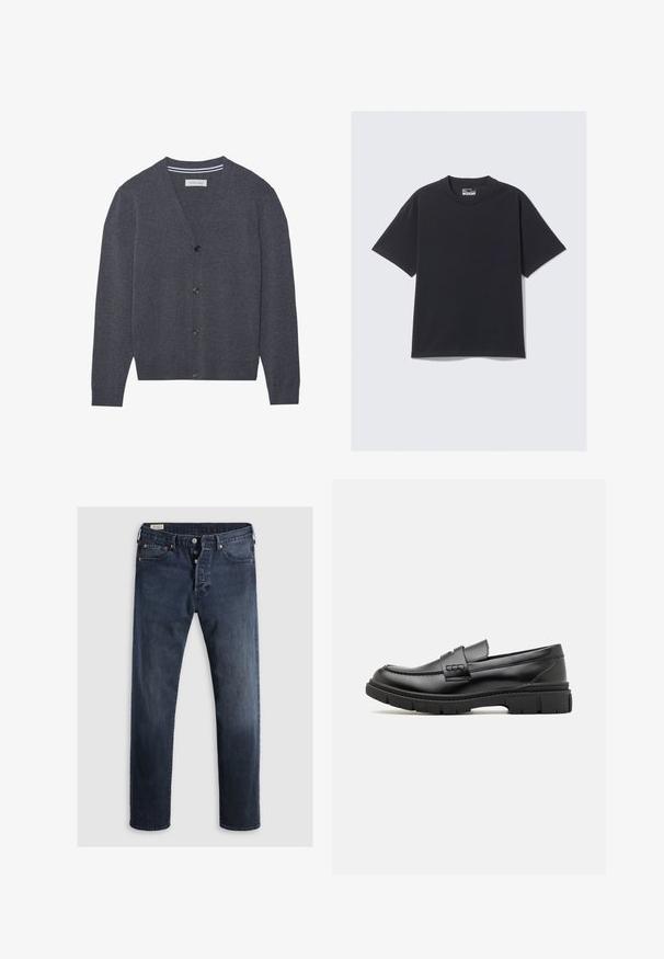 Cardigan gris charbon en tissu texturé, présentant un col en V, six boutons et un col intérieur rayé contrastant.; T-shirt en coton noir avec un col rond classique, des manches courtes et une coupe décontractée. Texture lisse avec un minimum de détails de couture.; Jeans en denim bleu foncé avec une coupe droite, dotés d'un zip et de boutons en métal, ainsi que d'accents de rivets en cuivre. Texture lisse, sans motifs visibles.; Mocassin en cuir noir avec une large sangle sur le devant, semelle en caoutchouc à épaisse rainure, et texture lisse. Design classique et élégant.