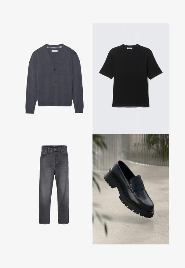 Charcoal grijze cardi gemaakt van textuurstof, met een V-hals, zes knopen en een contrasterende gestreepte binnenkraag.; Zwart T-shirt met korte mouwen en ronde hals, met een label "WEEKDAY" aan de binnenkant van de kraag, plat neergelegd op een lichte achtergrond.; Donkergrijze denim jeans met een rechte pijpzool, hoge taille, vijf zakken en lichte vervaging. Metalen knoop en ritsopening.; Zwarte leren instappers met een chunky loopzool, voorzien van een decoratieve band en stikseldetails. Gladde textuur met een gepolijste afwerking.