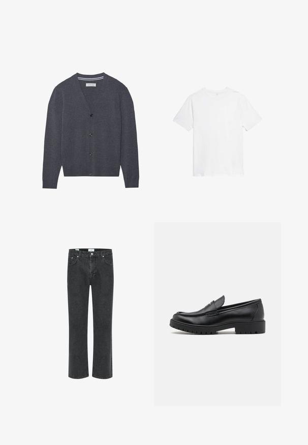 Kardigan in Anthrazit, aus strukturiertem Stoff gefertigt, mit V-Ausschnitt, sechs Knöpfen und einem kontrastierenden gestreiften Innenkragen.; Marks & Spencer T-Shirt basic - white; Schwarze Jeans aus Denim mit geradem Bein, fünf Taschen und kontrastierenden Nähten. Der Stoff hat eine leicht ausgewaschene Textur.; Schwarze Lederloafers mit runder Zehenform, eleganter Schlupfdesign und dicker Gummisohle mit strukturiertem Griff. Erhöhter Absatz und dezente Nähdetails.