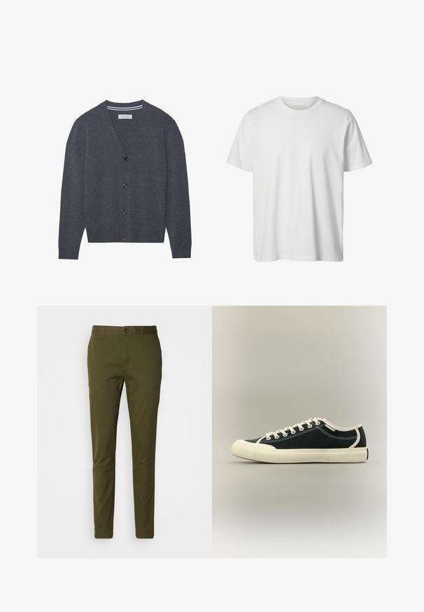 Cardigan gris charbon en tissu texturé, présentant un col en V, six boutons et un col intérieur rayé contrastant.; T-shirt blanc uni à manches courtes, col rond, coupe décontractée, sans logos ni motifs visibles à l'avant.; Pantalons vert olive en coton lisse, dotés d'une fermeture à bouton, d'une coupe ajustée et de détails de couture minimalistes sur la taille.; Baskets basses en toile noire avec semelle en caoutchouc blanche, bout renforcé, lacets et détails de couture sur fond neutre.