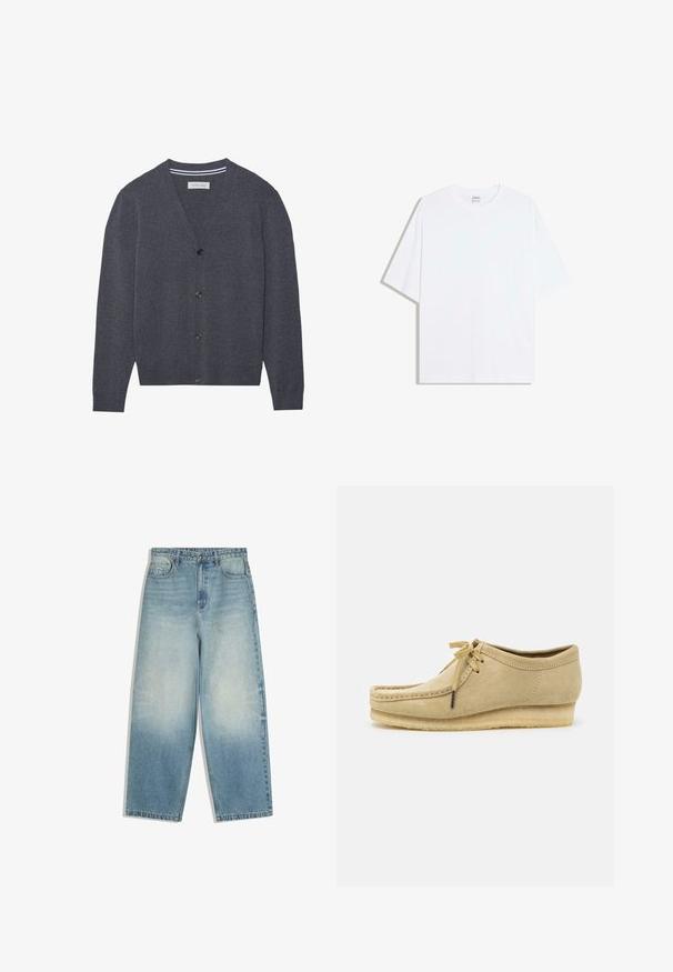 Kullerser grå cardigan lavet af tekstureret stof, med V-hals, seks knapper og en kontrasterende stribet inderskål.; Hvid oversized bomulds t-shirt med rund hals og korte ærmer; glat tekstur, uden synlige mønstre eller accenter.; Lyseblå vide denimjeans med forlommer, knaplukning og falmet vaskepatina på lår og knæ.; Beige suedestøvle med snørebåndsdesign, syede detaljer og gummisål. Formen er afslappet med en let hæl.