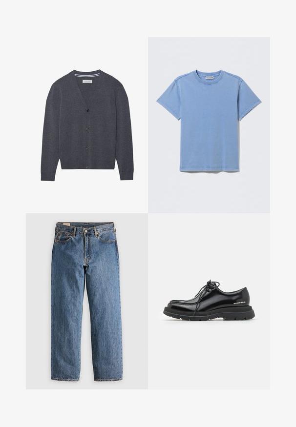 Kullerser grå cardigan lavet af tekstureret stof, med V-hals, seks knapper og en kontrasterende stribet inderskål.; Solid lyseblå kortærmet bomuld T-shirt med rund hals, synlige sømme og et lille hvidt mærke med mærkenavn inden i kraven.; Blå denimjeans med lige snit, der har høj talje, kobbernitter og orange syninger. Foran og bagpå er der lommer.; Sorte læder dressko med rund tå, tyk gummisål, snørebåndsdesign og markant syning langs kanten.
