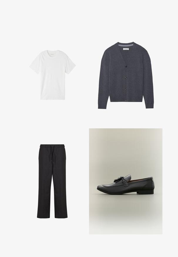 Cárdigan de color gris carbón hecho de tejido texturizado, con un escote en V, seis botones y un cuello interior a rayas en contraste.; Camiseta blanca de manga corta hecha de algodón suave. Presenta un cuello redondo clásico y un diseño simple y sin costuras, sin patrones ni acentos.; Pantalones negros de corte suelto con cinturilla elástica y cordón. Presenta un sutil patrón de rayas verticales. Fabricados con un tejido ligero.; Moccassines de cuero negro con punta redondeada, borlas decorativas y detalles de costura. Tacón plano con un perfil elegante y textura suave.