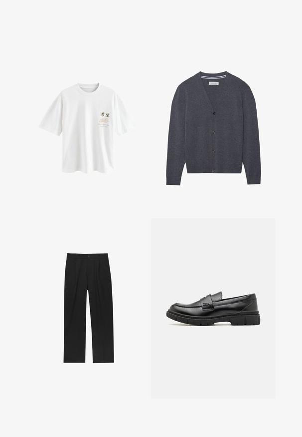 Charcoal grijze cardi gemaakt van textuurstof, met een V-hals, zes knopen en een contrasterende gestreepte binnenkraag.; Next T-SHIRT - T-shirt print - white japan; Zwarte broeken met een recht model, gemaakt van een gladde stof. Voorzien van een voorplooien en een enkele knoopsluiting bij de taille.; Zwarte leren instapper met een brede band over de voet, rubberen zool met dikke noppen en een gladde textuur. Klassiek, strak ontwerp.
