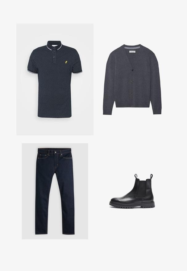 Charcoal grijze cardi gemaakt van textuurstof, met een V-hals, zes knopen en een contrasterende gestreepte binnenkraag.; Marineblauwe polo met een klein wit stippenpatroon, korte mouwen, witte accenten op de kraag en manchetten, en een gele logo op de borst.; Levi's® 510® SKINNY - Jeans Skinny Fit - dark hollow; Zwarte leren Chelsea boots met een gestructureerde afwerking, elastische zijkanten en trekkers. Voorzien van een chunky rubberen zool met profiel.