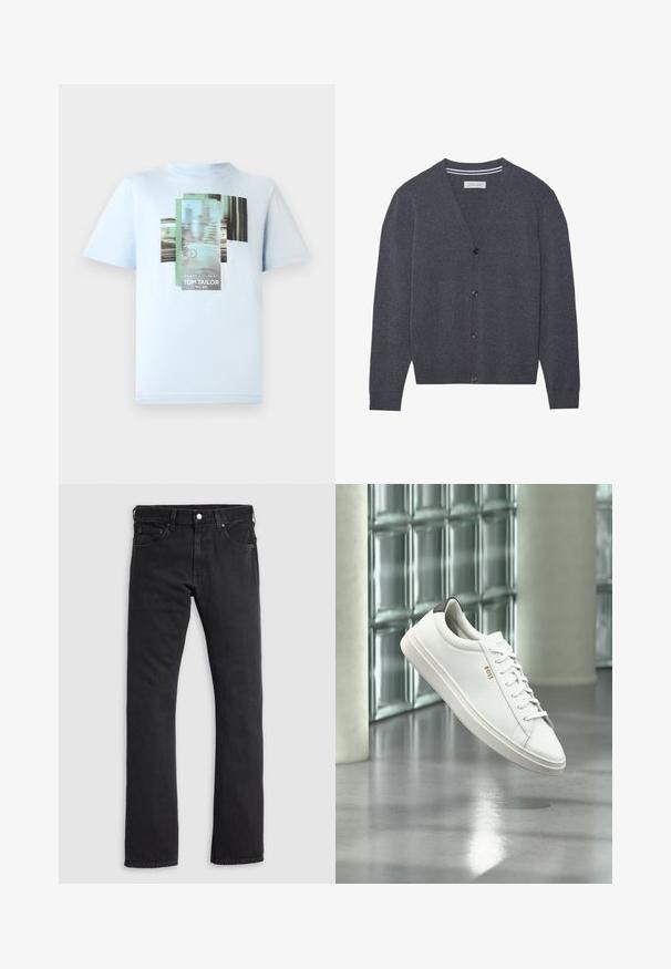 Kardigan in Anthrazit, aus strukturiertem Stoff gefertigt, mit V-Ausschnitt, sechs Knöpfen und einem kontrastierenden gestreiften Innenkragen.; TOM TAILOR T-Shirt print - light metal blue; Schwarze Jeans aus Denim mit geradem Schnitt, zwei Vordertaschen und einem Bund mit Knopf- und Reißverschluss. Glatte Textur, keine Muster.; Weißer Leder-Low-Top-Sneaker mit Schnürsenkeln, schwarzer Fersenschlaufe und „BOSS“-Logo, der drinnen nahe einer Glassteinwand und einem polierten Boden schwebt.