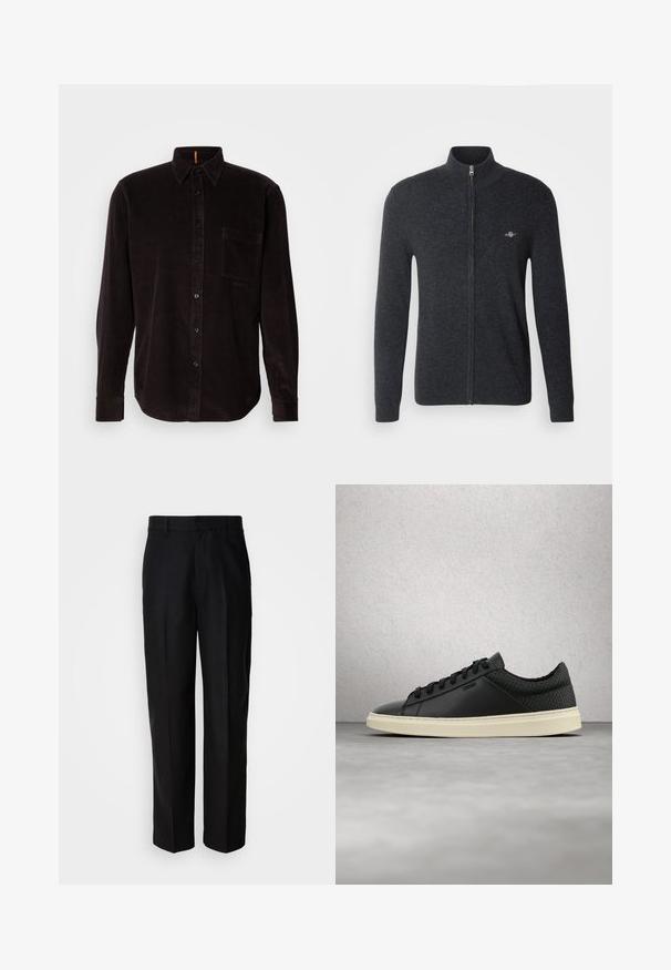 GANT Cardigan - dark charcoal melange; Mørkebrun corduroy skjorte med knaplukning fortil, spids krave, lange ærmer, enkelt brystlomme og struktureret ribbet mønster.; Sorte bukser lavet af glat stof, med lige ben, flad front og bæltestropper, præsenteret mod en ensfarvet baggrund.; Sort lav sneaker med tekstureret hælpanel og hvid sål, der svæver over en poleret betongulv nær glasblokvinduer.