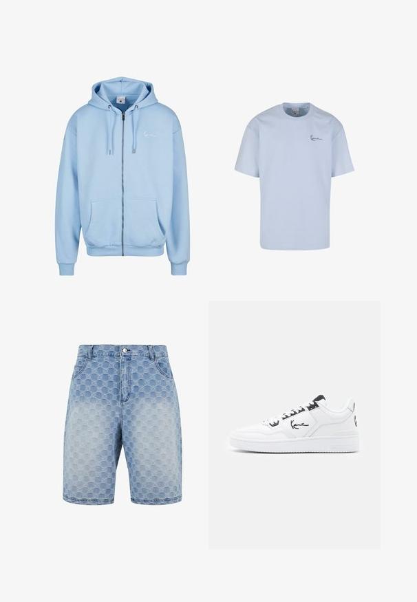 Lys blå zip-up hoodie lavet af blødt stof. Har en hætte, frontlommer, ribbede manchetter og kant. Subtil logo detaljer på brystet.; Lyseblå bomuld T-shirt med korte ærmer, en rund halsudskæring og et mørkeblå broderet logo på venstre bryst.; Lysblå denimshorts med et struktureret mønster af overlapende cirkler. Har fem lommer og en klassisk lukning med knap og lynlås.; Hvide lædersneakers med sorte detaljer, der har et signaturlogo på siden, rund tå og tekstureret gummisål.