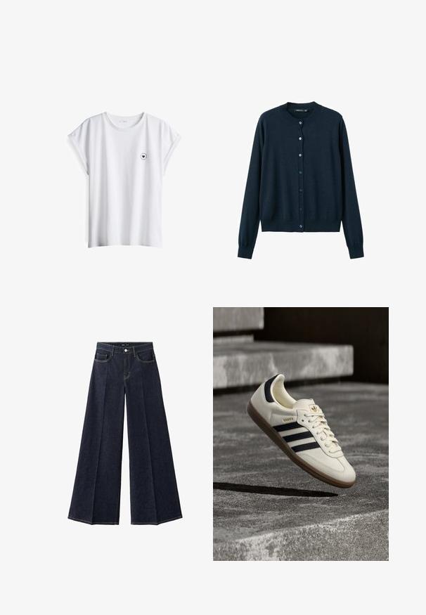 Marineblauwe cardigan van breiwerk, met een ronde hals, lange mouwen en knoopsluiting aan de voorkant. Gladde textuur.; Witte katoenen t-shirt met korte opgerolde mouwen en een ronde hals, met een klein zwart bedrukt hartlogo op de linkerkant van de borst.; Donkerblauwe wijde denim jeans met voorplooien, vijf zakken en een knoopsluiting in de taille.; Witte Adidas Samba sneaker met zwarte strepen en gumzool, zwevend boven gestructureerde grijze betonnen treden.