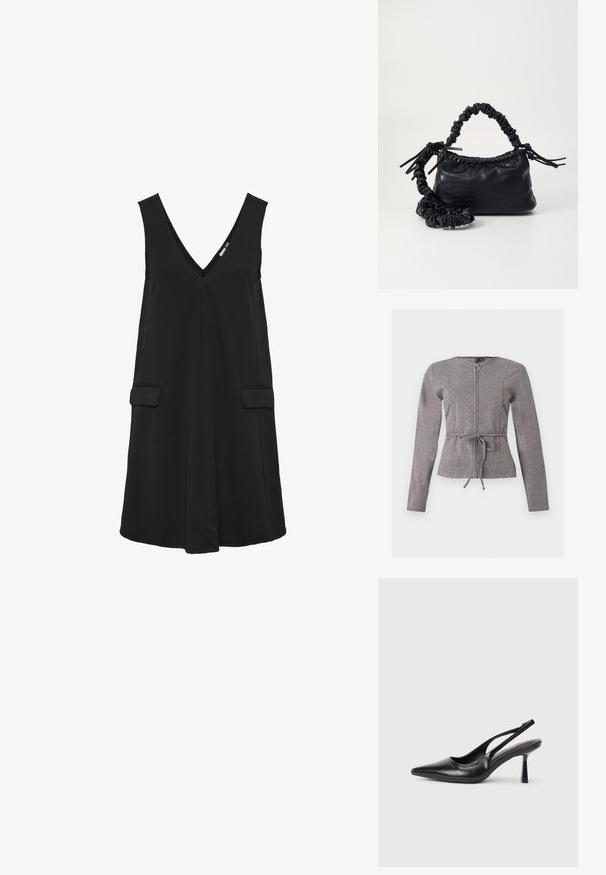 Graue Jacke mit langen Ärmeln, Frontreißverschluss und Taillengürtel, mit einem dezenten Fischgrätmuster und rundem Ausschnitt.; Schwarzes, ärmelloses V-Ausschnittkleid mit vorderen Klappentaschen und A-Linien-Silhouette.; Schwarzer Leder Slingback High Heel Schuh mit spitzer Zehenpartie und schmalem Absatz auf einem weißen Hintergrund.; Schwarze Handtasche aus Kunstleder mit Krokodilstruktur, gerafftem oberen Teil und einem geschoppten Tragegurt. Sie wirkt weich und kompakt im Design.