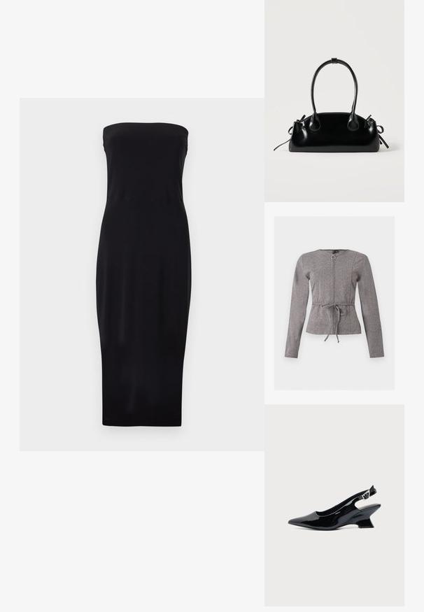 Gray long-sleeve jacket with front zipper and waist tie, featuring a subtle herringbone pattern and round neckline.; Black strapless midi dress with a fitted silhouette and straight neckline, displayed on a plain white background.; Black patent leather slingback shoe with pointed toe and low angled block heel on plain light background.; Small black glossy handbag with two long handles and side drawstring details on a plain light background.