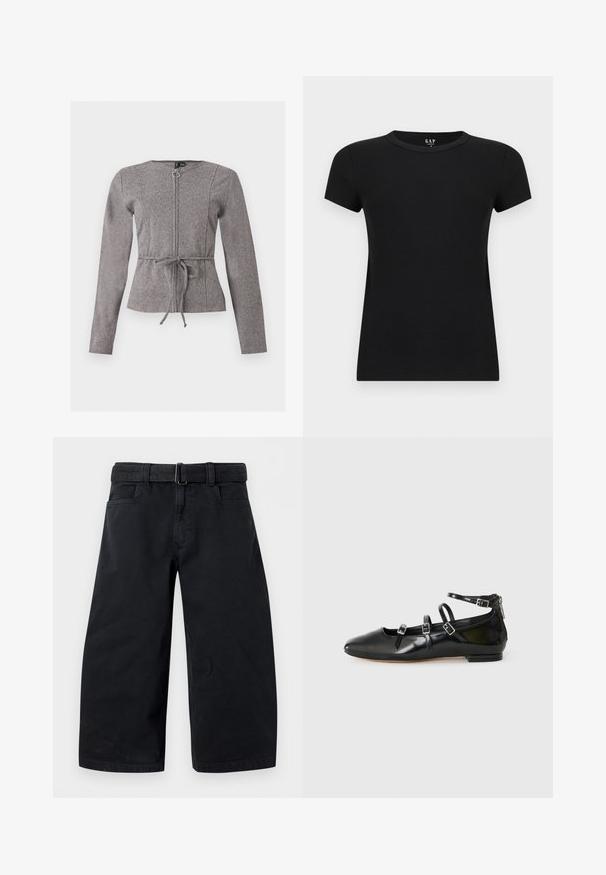 Veste grise à manches longues avec fermeture éclair frontale et lien à la taille, présentant un motif chevron discret et un col rond.; T-shirt pour femmes noir à manches courtes avec col rond et coupe ajustée, présenté sur un fond clair uni.; Pantalon noir large et court avec passants de ceinture et poches avant sur fond uni.; ALDO NELTA - Ballerines - black